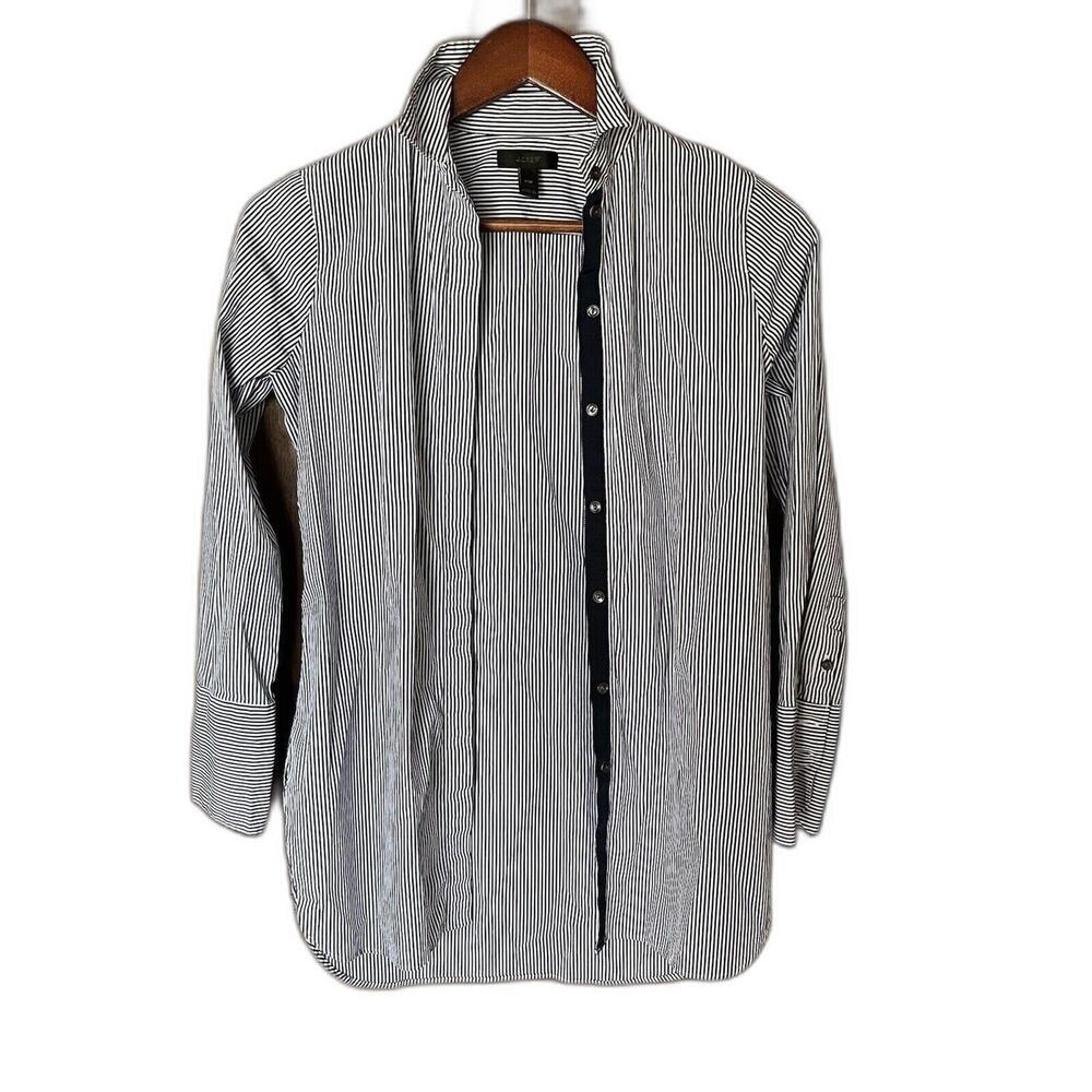 J.Crew Womens 00P Navy White Striped Button Down Shirt Grosgrain Trim Petite